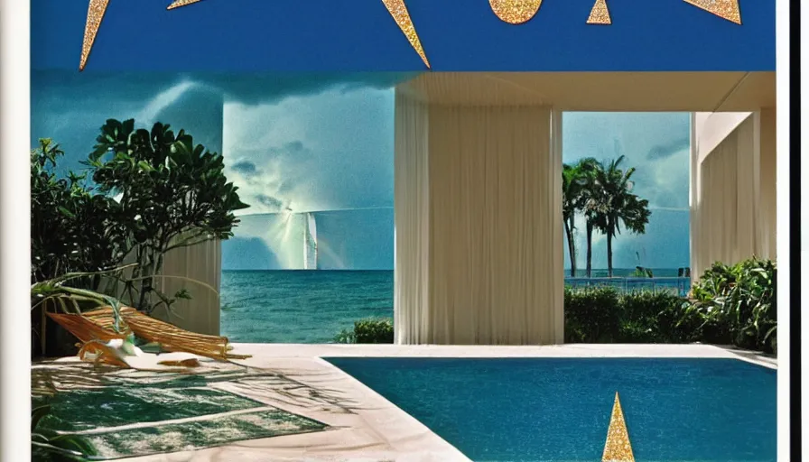 Image similar to A 1985 magazine architecture photo of a bedroom, mediterranean architecture, refracted lines and sparkles, thunderstorm outside, beach and Tropical vegetation on the background major arcana sky and occult symbols, hyperrealistic 8k uhd, award-winning, 1985