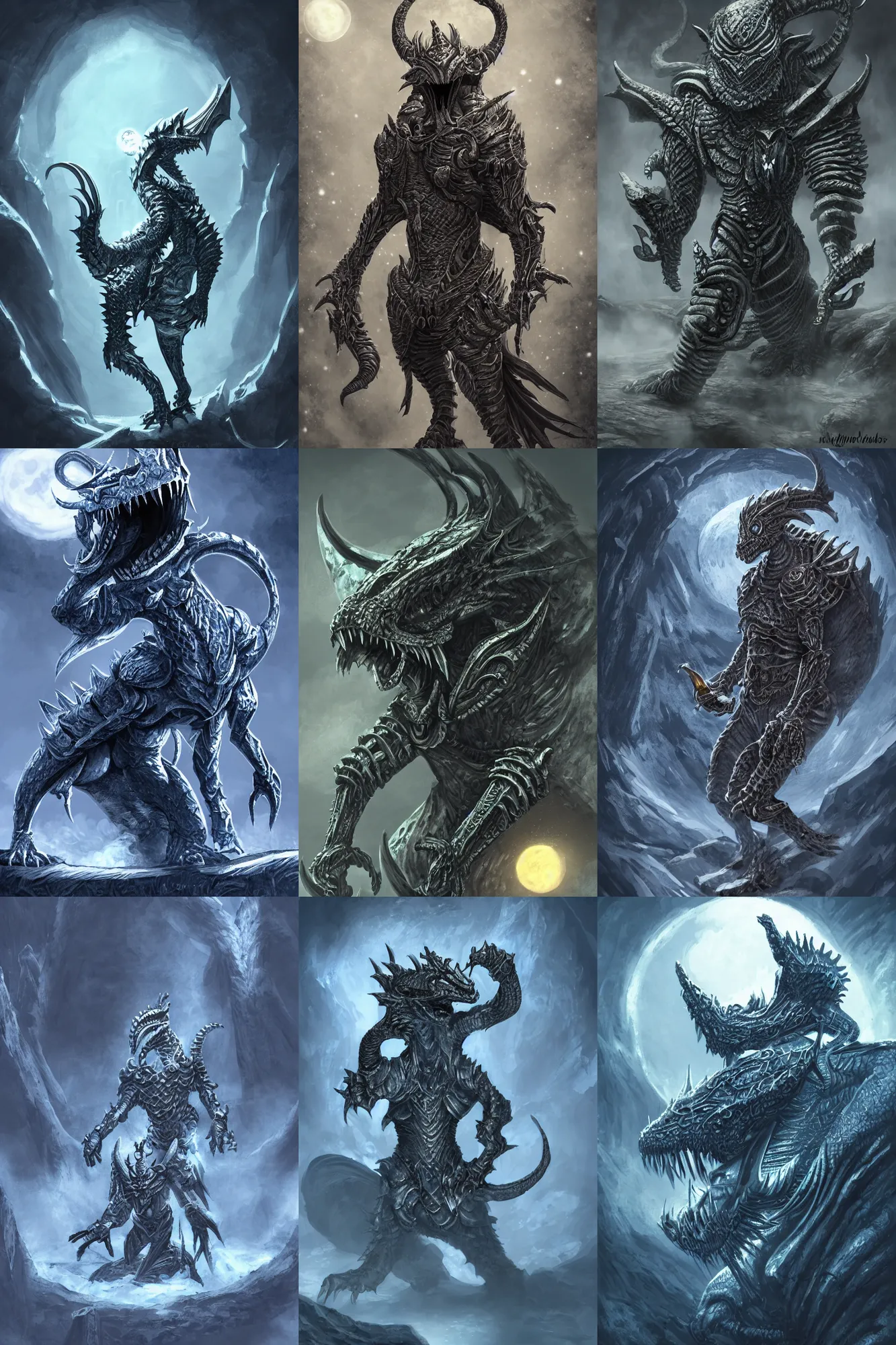 Prompt: snarling dragonborn with silver and blue color scheme standing in a smoking crater, biomechanical, highly detailed, intricate, full body single character, centered, moonlit night, good value control, high contrast, cinematic, illustration, concept art