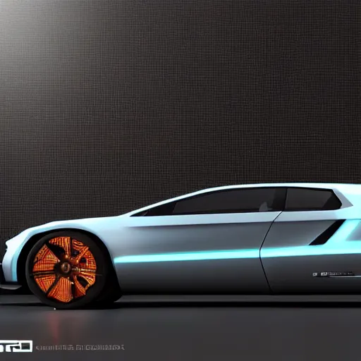 Image similar to a design of a futuristic DMC Delorian, designed by Polestar, blade runner background, back view, light copper car paint, black windows, sportscar, black show room, dramatic lighting, octane rendering, unreal engine rendering, hyper realistic render, depth of field, octane rendering