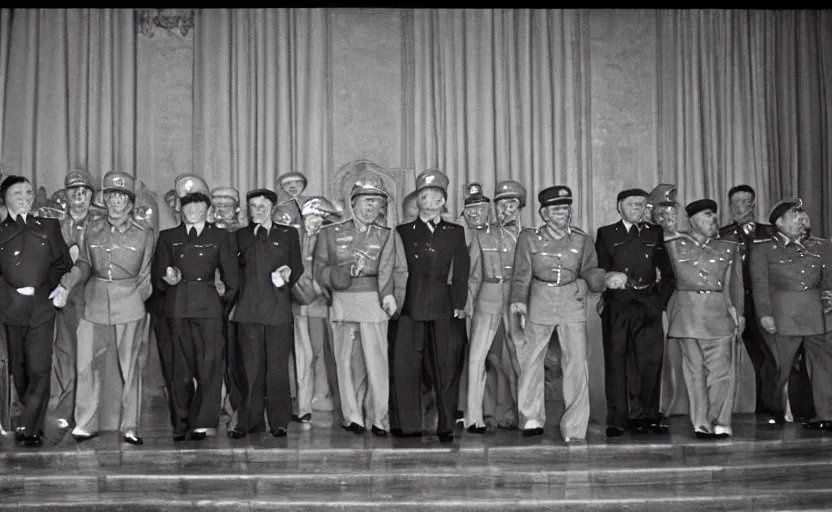 Image similar to 50s movie still of very diverse soviet generals head with very detailed faces in a stalinist parlement, by Alexei Guerman, Cinestill 800t 35mm black and white, heavy grainy picture, very detailed, high quality, 4k, HD criterion, precise texture, high quality face diversity, high quality haircut diversity, high quality age diversity