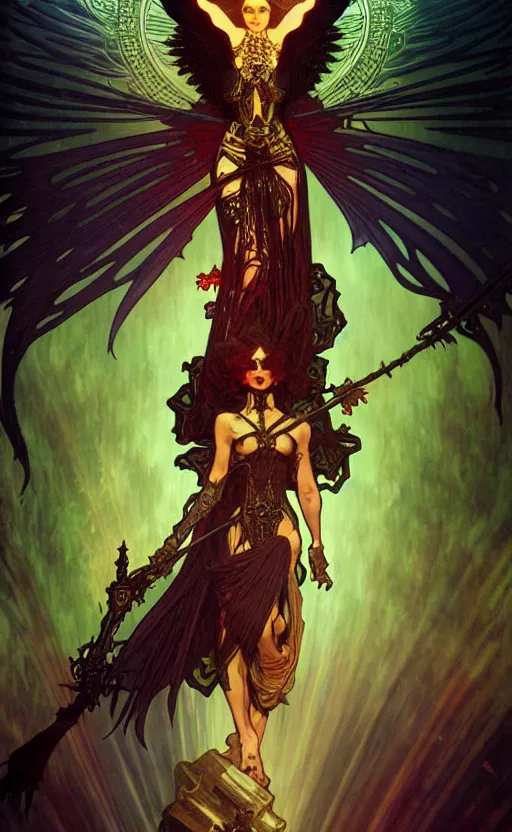 Prompt: the dark angel of death, intricate details, cinematic lighting, volumetric lighting, by mohrbacher and alphonse mucha, rich colors, post - processing