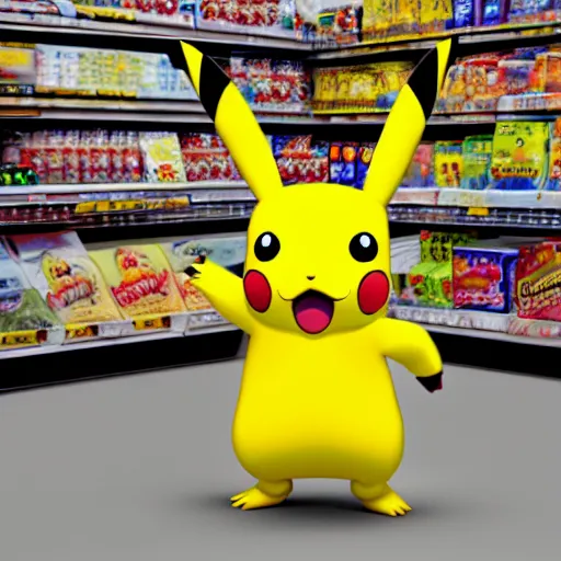 Image similar to Pikachu in a supermarket, matte painting, concept art, cgsociety, octane render, trending on artstation, artstationHD, artstationHQ, unreal engine, 4k, 8k