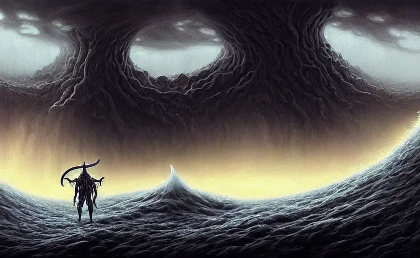 Image similar to beautiful digital fantasy illustration of a demon holding a staff!!, hellish background, a giant wave in the sky, apocalypse art!!!!, apocalypse landscape!!!!!, lovecraftian!!, cosmic horror!!!, concept art by Jarosław Jaśnikowski, a detailed matte painting by Dan Luvisi, cgsociety, fantasy art, highly detailed, soft lighting, rendered in octane, masterpiece, very very very aesthetic