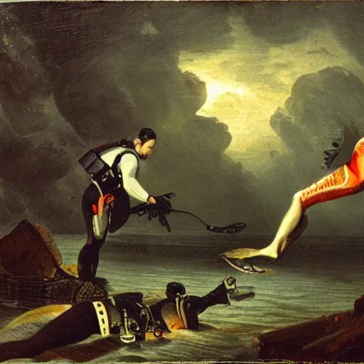 Image similar to scuba diving in the 1700s, horror, hyper realistic, dark,