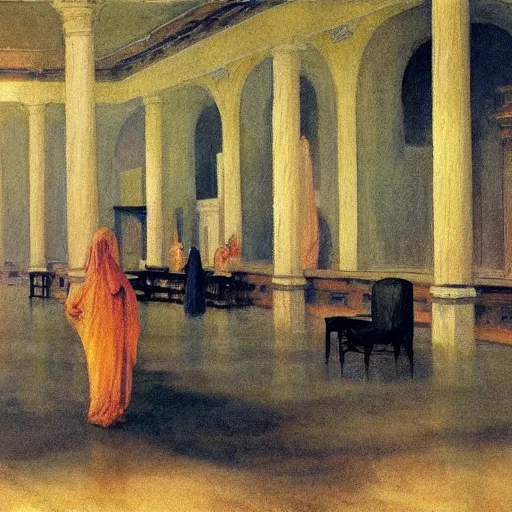 Image similar to procession of ivory golden women in a soviet abandoned temple, dripping watercolor by hammershøi, highly detailed, art nouveau wallpaper, lights by edward hopper, liminal, eerie, pastel colors, limited palette