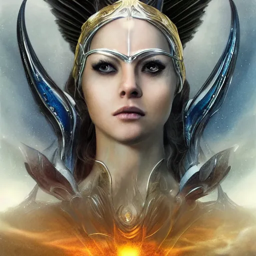 Image similar to beautiful cinematic fantasy poster, sci-fi, semi-transparent, beautiful Archangel with brilliant golden halo and a brilliant alabaster face, brilliant silver filigree, blindfolded eyes eyes, wideshot ultrawide angle epic scale, hybrid from The Elden Ring and art direction by Darius Zawadzki ;by artgerm; wayne reynolds art station; cinematic quality character render; low angle; ultra high quality model; production quality cinema model;