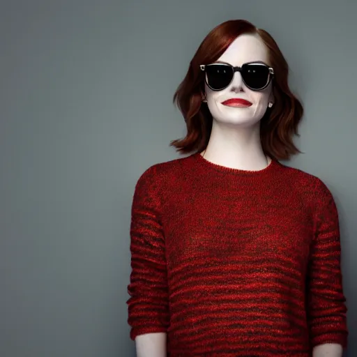 Prompt: Fully-clothed full-body portrait of Emma Stone wearing sun glasses, XF IQ4, 50mm, F1.4, studio lighting, professional, 8K