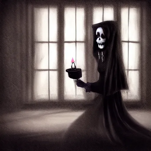 Image similar to A creepy woman with a large cynical smile sits in a dark and gloomy room, the only light is a flickering jittery candle, he writes by the candle in a journal, in a gothic, Halloween, and atmospheric art style, artstation digital art, trending on artstation, artstationHQ, artstationHD.