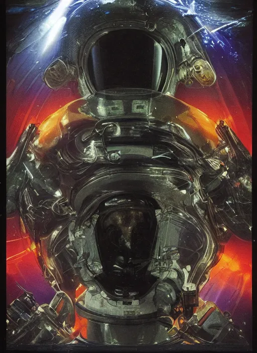 Image similar to astronauts in dark and empty void underwater - complex and hyperdetailed suit. reflection and dispersion materials. rays and dispersion of light. volumetric light. 5 0 mm, f / 3 2. noise film photo. flash photography. ultra realistic, wide angle. poster by wayne barlowe, hajime sorayama aaron horkey, craig mullins. polaroid.