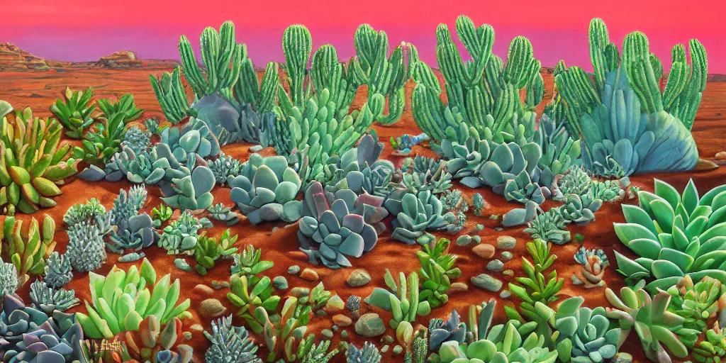 Image similar to a desert with a lot of succulents underwater super detailed acrylic painting, movie poster 7 0's