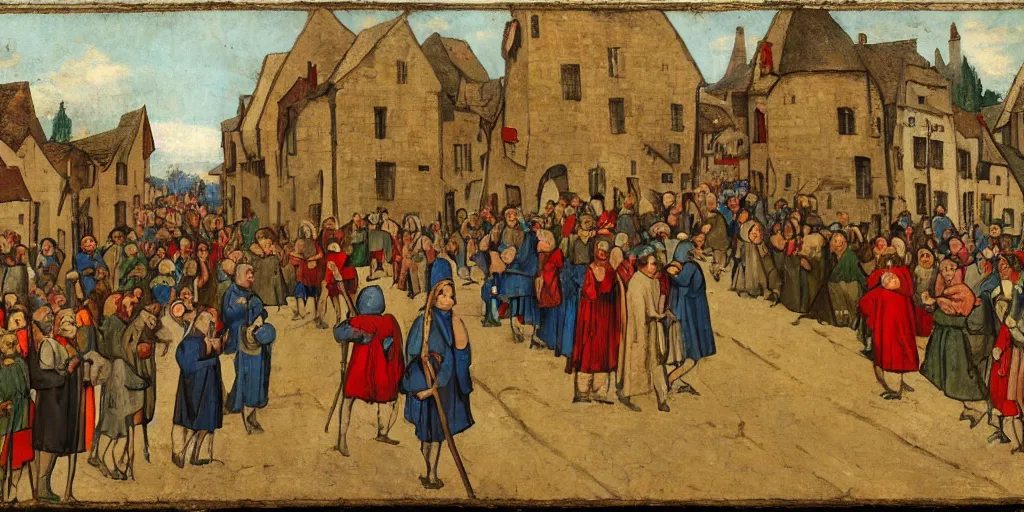 Prompt: color painting of a crowd of medieval villagers cheering and looking at camera, empty road in the middle, eye level view