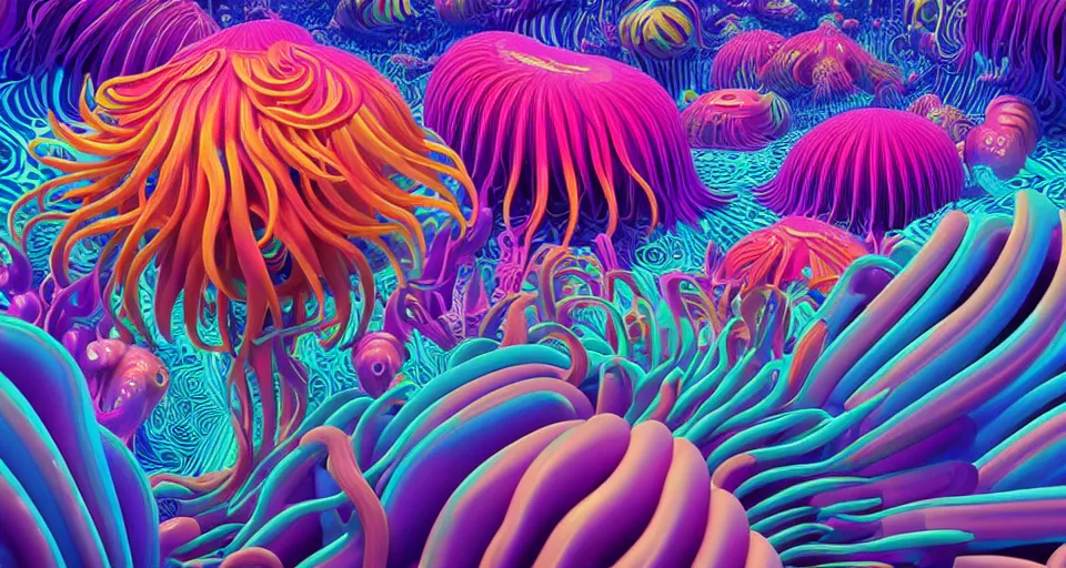 Prompt: psychedelic 3d vector art illustration of deep sea landscape full of vibrant colorful Sea Anemone by Lisa frank, Beeple and Tim Hildebrandt, hyper realism, Art deco , intricate, elegant, highly detailed, unreal engine, octane render, artstation, smooth, sharp focus, sharp contrast