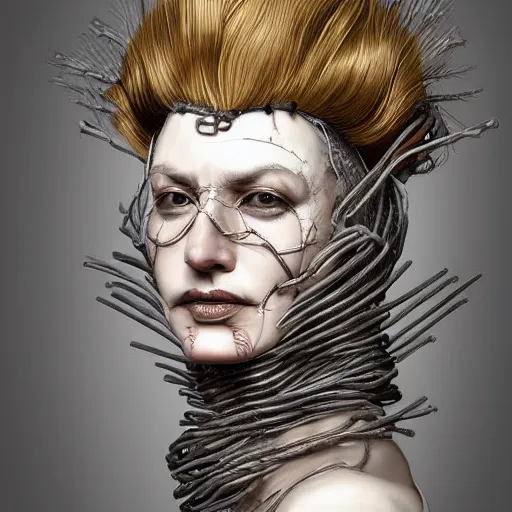 Image similar to portrait of a Shibari S&M barbed wire wrapped face and neck, headshot, insanely nice professional hair style, dramatic hair color, digital painting, of a old 17th century, old cyborg merchant, amber jewels, baroque, ornate clothing, scifi, realistic, hyperdetailed, chiaroscuro, concept art, art by Franz Hals and Jon Foster and Ayami Kojima and Amano and Karol Bak,