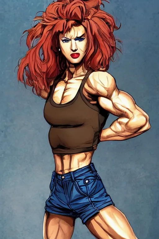 Image similar to a hyper muscular woman, bronze - skinned, blue - eyes, wearing a black cropped tank top, military pants, brown boots, wrapped arms, wavy big red hair, 8 0's hairstyle, tiger spots over the face, red lips, action pose, art by tetsuo hara, trending on art station, illustration, action scene, full body