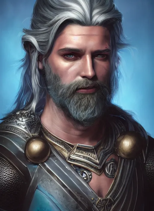 Image similar to an epic fantastic realism comic book style portrait painting of an aasimar paladin, male, shaggy silver hair, short brown beard, d & d concept art, unreal 5, daz, teal aesthetic, octane render, cosplay, rpg portrait, dynamic lighting