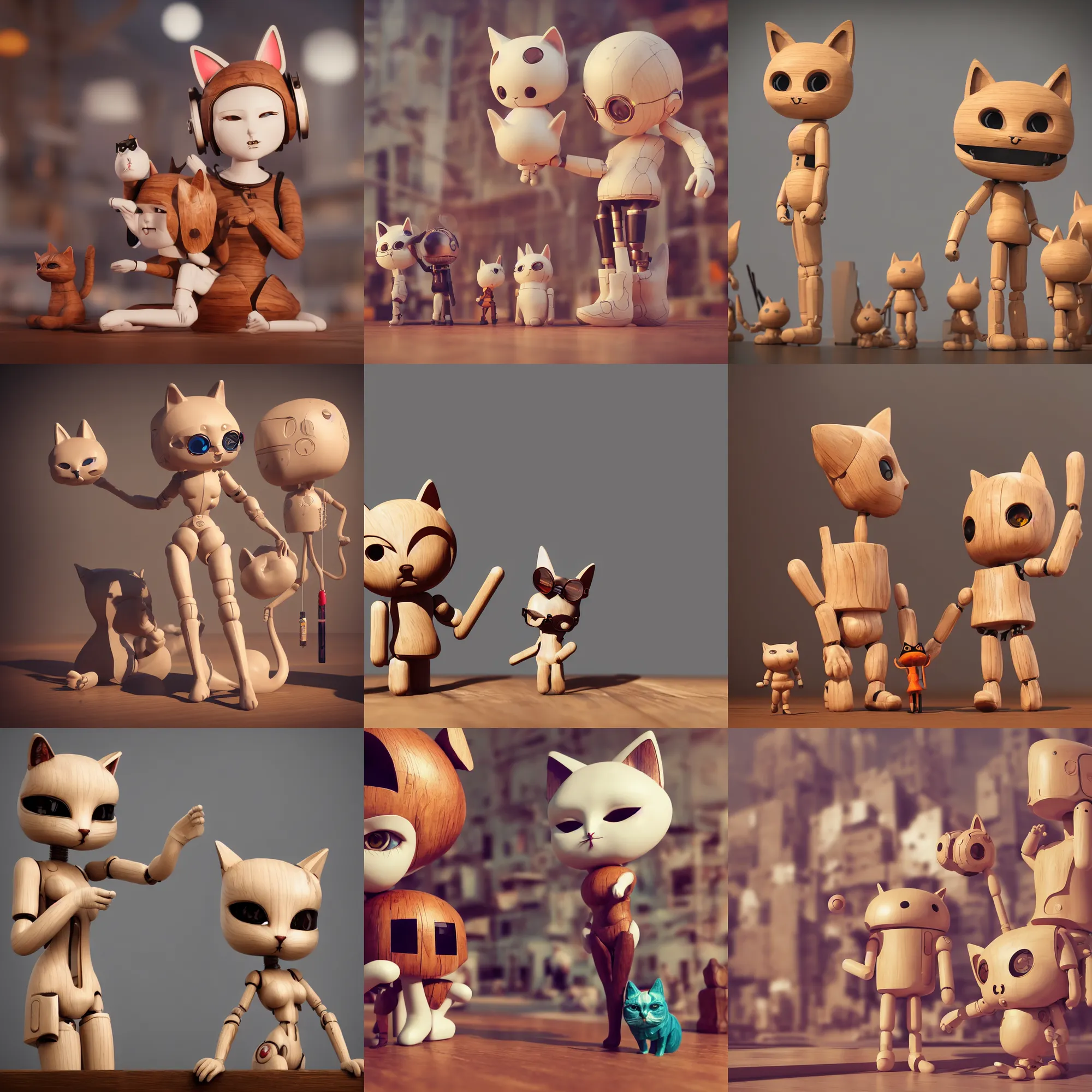 Prompt: octane render 8 k sculpture beautiful realistic character wooden design art toys collection very cute figurine occult android cat ears cyberpunk, doodle photorealistic comtenporary art gallery in background concept art cgsociety style popart