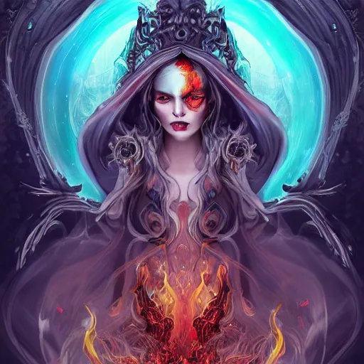 Image similar to a necromancer woman seated on her throne of sorcery and power with flames in her 2 eyes. by anna dittmann, trending on art station, intricate detail, highly detailed, atmospheric