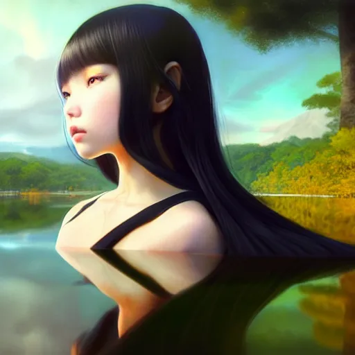 Prompt: very tiny girl by artgerm, green eyes and long black hair by ilya kuvshinov, sitting in a crystal clear lake painted by rembrandt, rtx reflections, octane render 1 2 8 k, extreme high intricate details by wlop, digital anime art by ross tran, wide shot, composition by tom bagshaw, lighting by wlop
