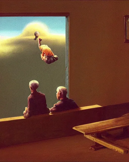 Prompt: old couple sitting on a couch in an old wooden house and looking at a scared boy flying in sky, psx game graphics , Beksinski painting