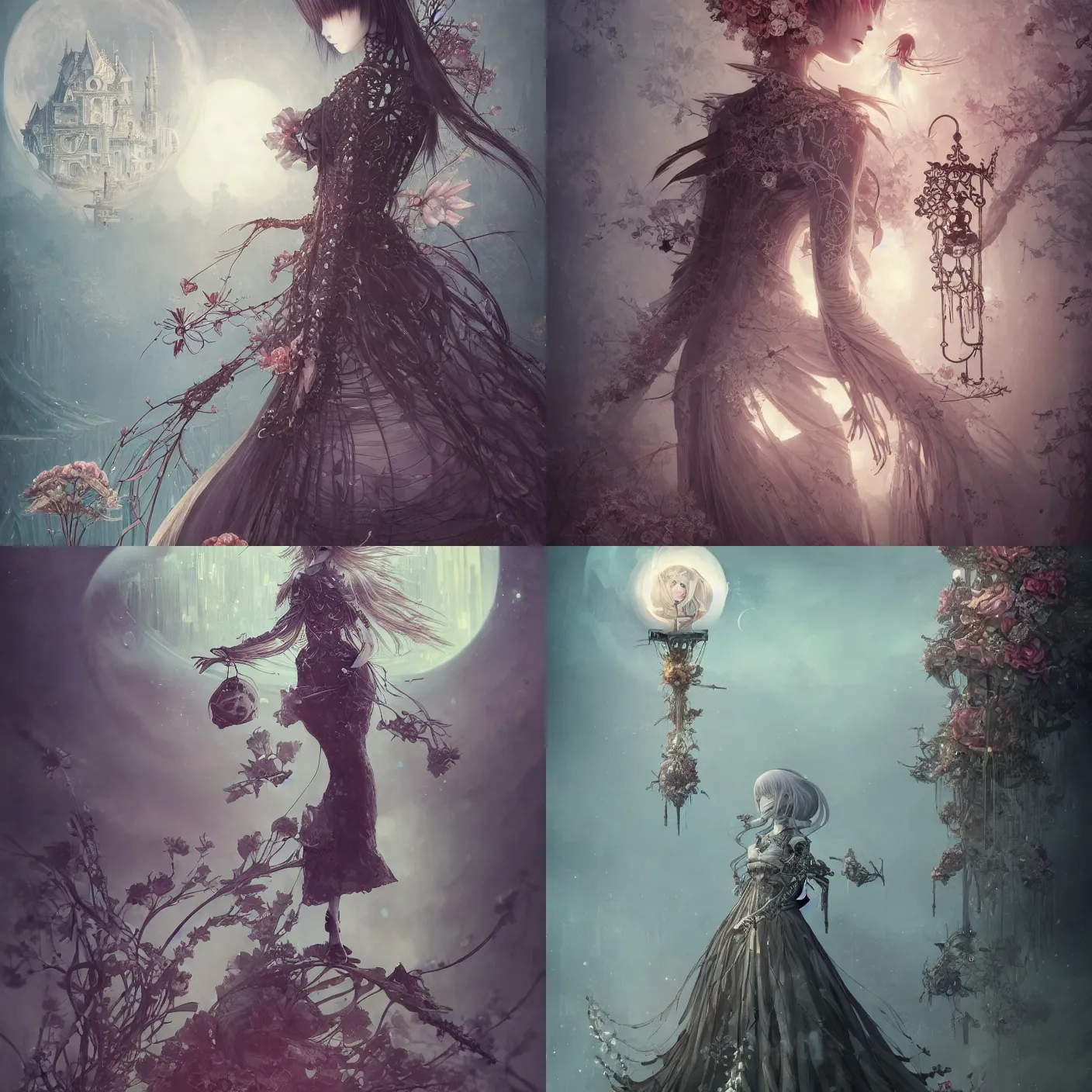 Prompt: detailed, sharp, dreaming humanoid female automata wearing gothic ornament floating above a dystopia with higan flower by Anna Dittmannand, by hayao miyazaki, digital art. surreal. trending on artstation. anime arts. featured on Pixiv, HD, 8K, highly detailed, good lighting. beautiful. epic.