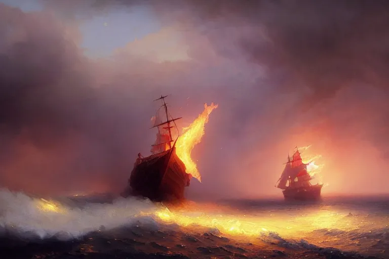 Image similar to Magical Maelstrom of fire and ice in the sea, destroying boats, islands, painting by Ivan Aivazovsky and Greg Rutkowski, artstation, fantasy, intricate, beautiful, cinematic, octane render, arnold render, 8k, hyper realism, detailed, sharp focus, 4k uhd, masterpiece, award winning