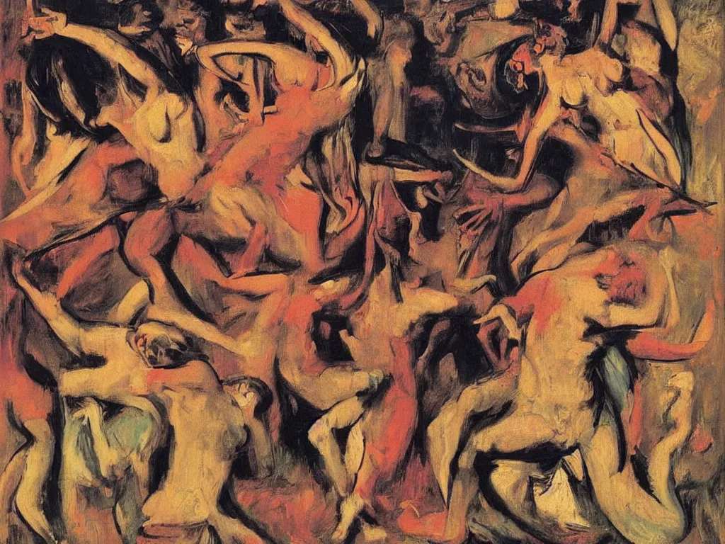 Image similar to surreal, tribal dance, art by willem de kooning, gustave courbet