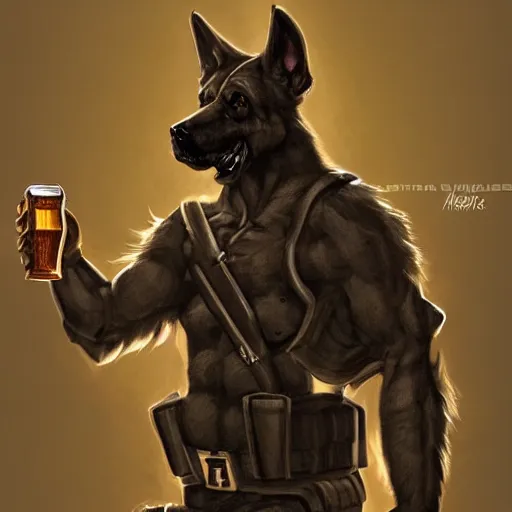 Image similar to a humanoid german shepherd beast - man in military style, holding a bottle of beer, artstation, concept art, smooth, sharp foccus ilustration, artstation