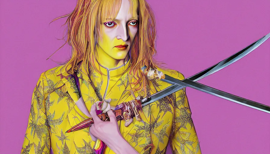 Prompt: breathtaking detailed pattern pastel colors of uma thurman ( kill bill ) in yellow suit, with katana sword and autumn leaves, by hsiao - ron cheng, bizarre compositions, exquisite detail, enhanced eye detail