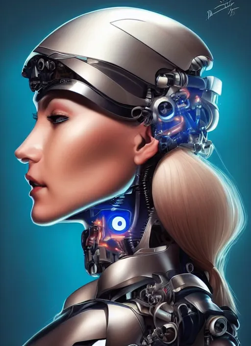 Image similar to portrait of a cyborg woman who turns her head to the ((((((right))))) left+450 (((((up))))) (((((down))))) by Artgerm,eyes closed , biomechanical, hyper detailled, trending on artstation