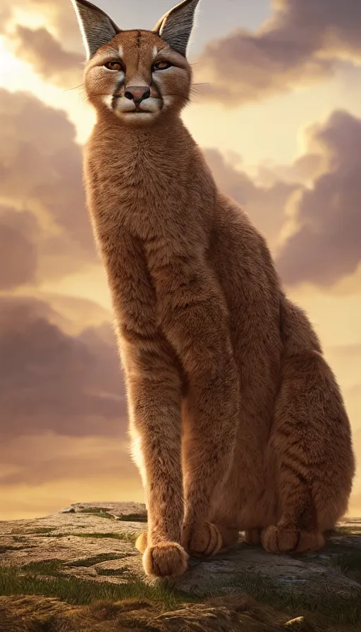 Image similar to fullbody photo of cute fluffy caracal as alexander the great, ancient greek city, sun behind him, sunny day, by ilya kuvshinov, rtx rendering, octane render 1 2 8 k, maya, extreme high intricate details by tom bagshaw, medium shot, close up shot, composition by sana takeda, lighting by greg rutkowski