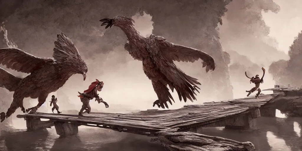 Image similar to two peasant heroes flee across a rickety wooden bridge from a giant eagle who swoops down in pursuit with talons extended. Pixar and Disney animation, sharp, Rendered in Unreal Engine 5, new video game concept art, redshift, dramatic lighting