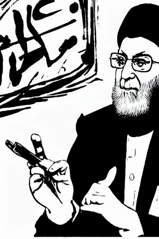 Image similar to khamenei, with quotes : destroy destroy america, pointing index finger, delete duplicating content, hyperrealistic anatomy content, violet polsangi pop art, gta chinatown wars art style, extreme quality masterpiece, bioshock infinite art style, incrinate, 2 color, white frame, content balance proportion