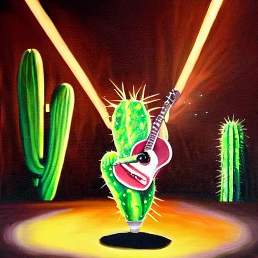 Image similar to a painting of a cactus playing a guitar on stage in the spotlight in a smoky night club