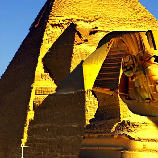 Prompt: the sun god ra looking over the great pyramids of ancient egypt