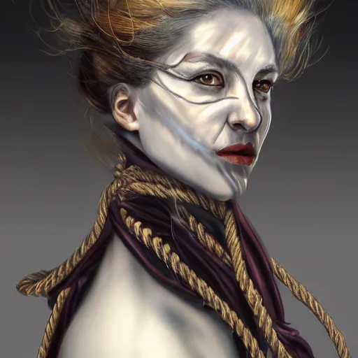 Image similar to portrait of a Shibari rope wrapped face and neck, headshot, insanely nice professional hair style, dramatic hair color, digital painting, of a old 17th century, old cyborg merchant, amber jewels, baroque, ornate clothing, scifi, realistic, hyperdetailed, chiaroscuro, concept art, art by Franz Hals and Jon Foster and Ayami Kojima and Amano and Karol Bak,