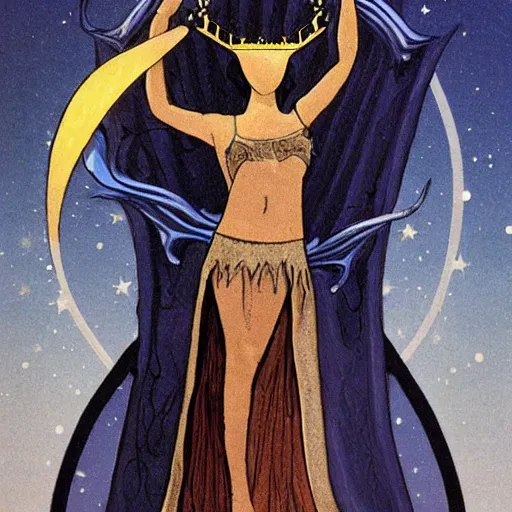 Prompt: artemixel, the modern reincarnation of the old selenium greek god of hunt, also known as artemis the selene, carrying the celebrated crown of the crescent moon wich its usual bright and slightly bluish crescent like the brightness of the night, a portrait cartoon by moebius, character design, concept design