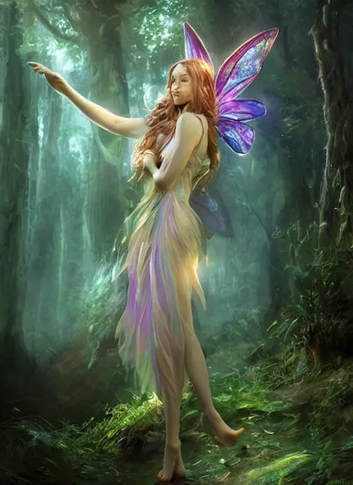 Image similar to beautiful beautiful fairy faerie fey fae queen forest spirit highly detailed CGsociety subtle enchanting alluring magical concept art HDR hyper realistic volumetric lighting subsurface scattering unreal