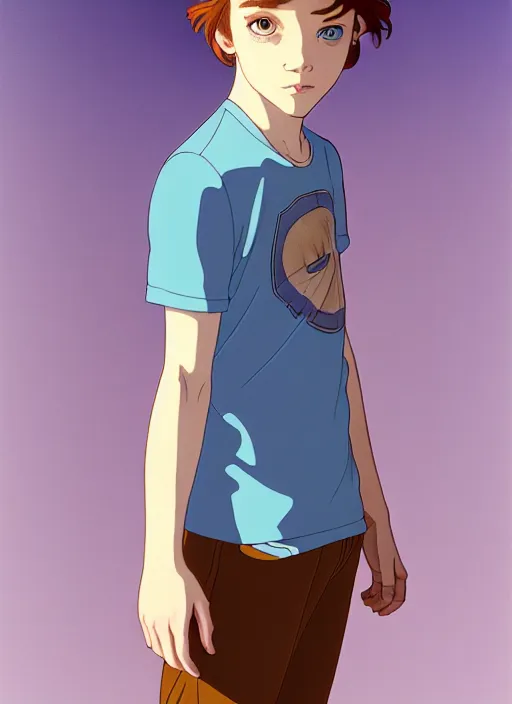 Image similar to art nouveau portrait of a teen boy with completely straight auburn hair, light blue eyes, pale skin, freckles, sad expression, t - shirt, modern casual clothing, natural lighting, path traced, highly detailed, high quality, cartoon, digital painting, by don bluth and ross tran and studio ghibli and alphonse mucha