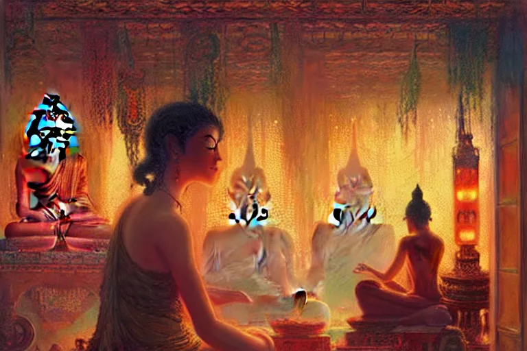 Image similar to buddhism, neon light, painting by gaston bussiere, greg rutkowski, jean giraud