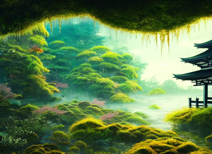 Image similar to overgrown foliage overtaking tall japanese architecture, underwater environment, borealis, scenery, professional, award - winning, trending on artstation, hyper detailed, realistic, beautiful, emotional, shiny, golden, picture