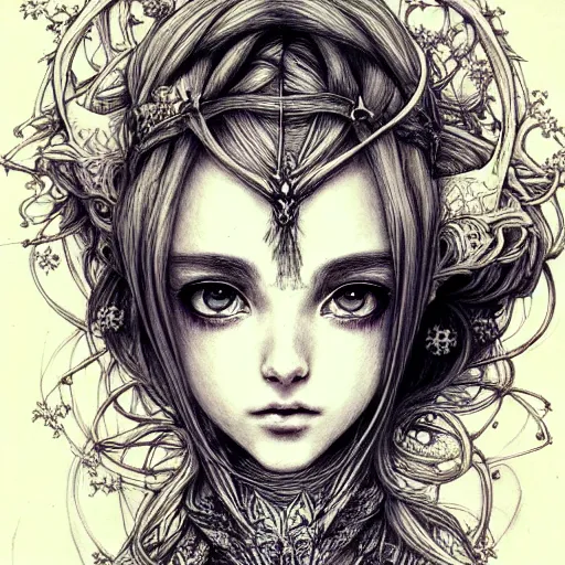 Prompt: prompt: Fragile looking vessel portrait soft light drawn by Vania Zouravliov, inspired by Fables, ancient crown, magical and alchemical weapons, soft light, white background, intricate detail, intricate ink painting detail, sharp high detail, manga and anime 2000