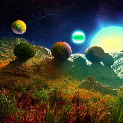 Prompt: an alien colorful planet into deep space, stunning bioma, bioluminescent vegetation, 8 k ray tracing render, ray tracing global light