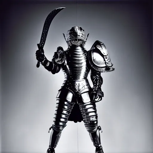 Prompt: a masterpiece ultrarealistic ultradetailed portrait of full silver armored magic knight on new york streets, mullet, hispanic man greatsword, baroque renaissance. fashion pose, photo by richard avedon and helmut newton, telephoto, intricate, elegant, by yasuhiro wakabayashi, global illumination. vfx