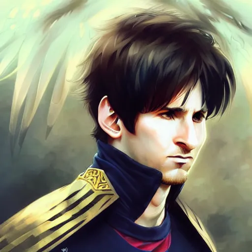 Image similar to lionel messi as an anime character, d & d, fantasy, intricate, elegant, highly detailed, digital painting, artstation, concept art, matte, sharp focus, illustration, art by artgerm and greg rutkowski and alphonse mucha