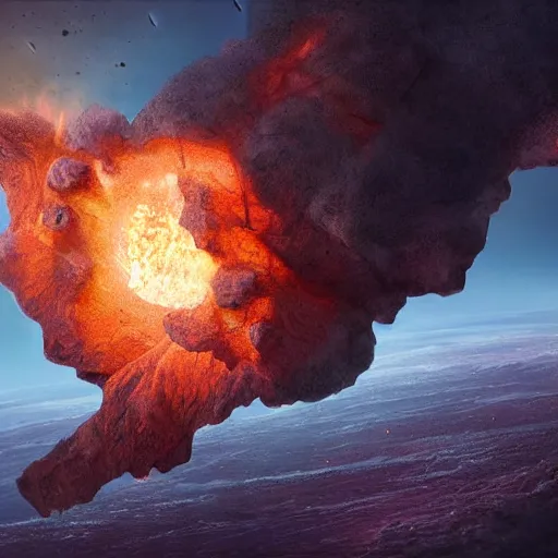 Image similar to Digital art of a meteorite containing an insect hive burning up in the atmosphere, by Jessica Rossier and Wayne Barlowe 4k prehistoric geology space hubble start nebula