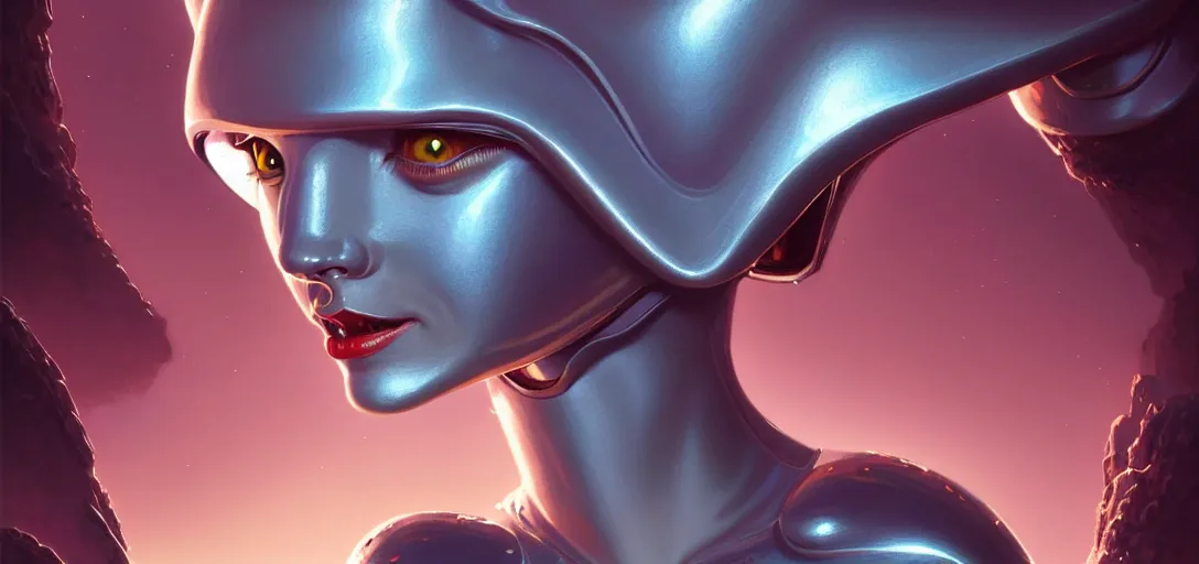 Image similar to face of a cute alien girl wearing shiny plastic armor in the style of roger dean and alberto vargas and stefan kostic, realistic, sharp focus, 8 k high definition, insanely detailed, intricate, elegant, art by greg rutkowski and artgerm, extreme blur coral reef background