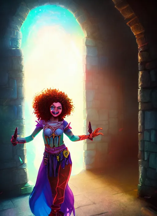 Image similar to an epic fantasy comic book style portrait painting of a girl wearing colorful makeup with a mischievous smile and curly brown hair stepping out of a doorway with light shining behind her, unreal 5, daz, hyperrealistic, octane render, cosplay, rpg portrait, dynamic lighting