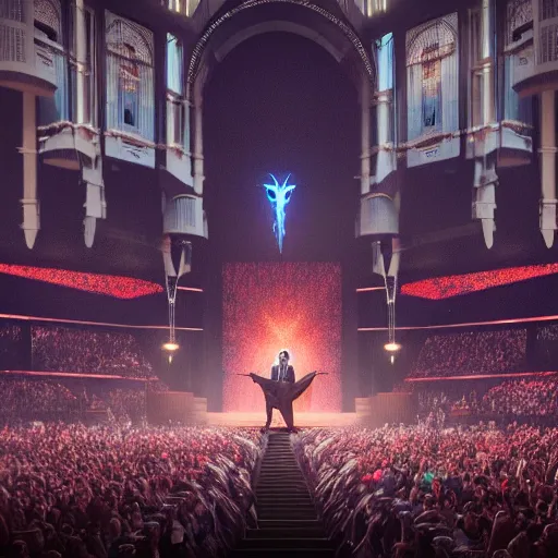 Image similar to joel osteen morphing into the devil onstage at a megachurch, greg rutkowski, trending on artstation, 8 k