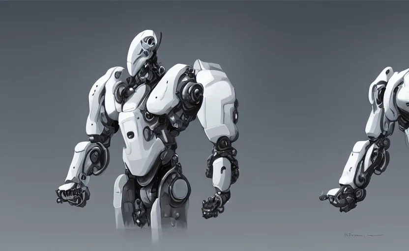 Prompt: White mech bot, robot concept art, front and side view, digital art, artstation, Mandy Jurgens, WLOP, CGSociety