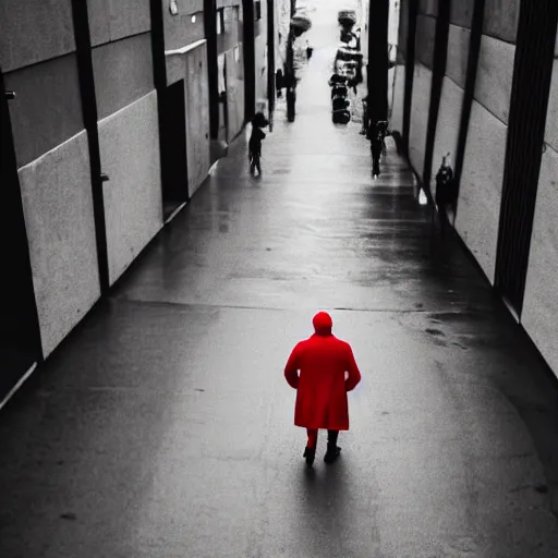 Image similar to A high angle dramatic portrait of a man wearing red coat , walking in a black and white street . Cinematic lighting